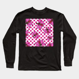 Hong Kong Bauhinia with Hot Pink Tile Floor Pattern - Summer Flower Pattern Long Sleeve T-Shirt